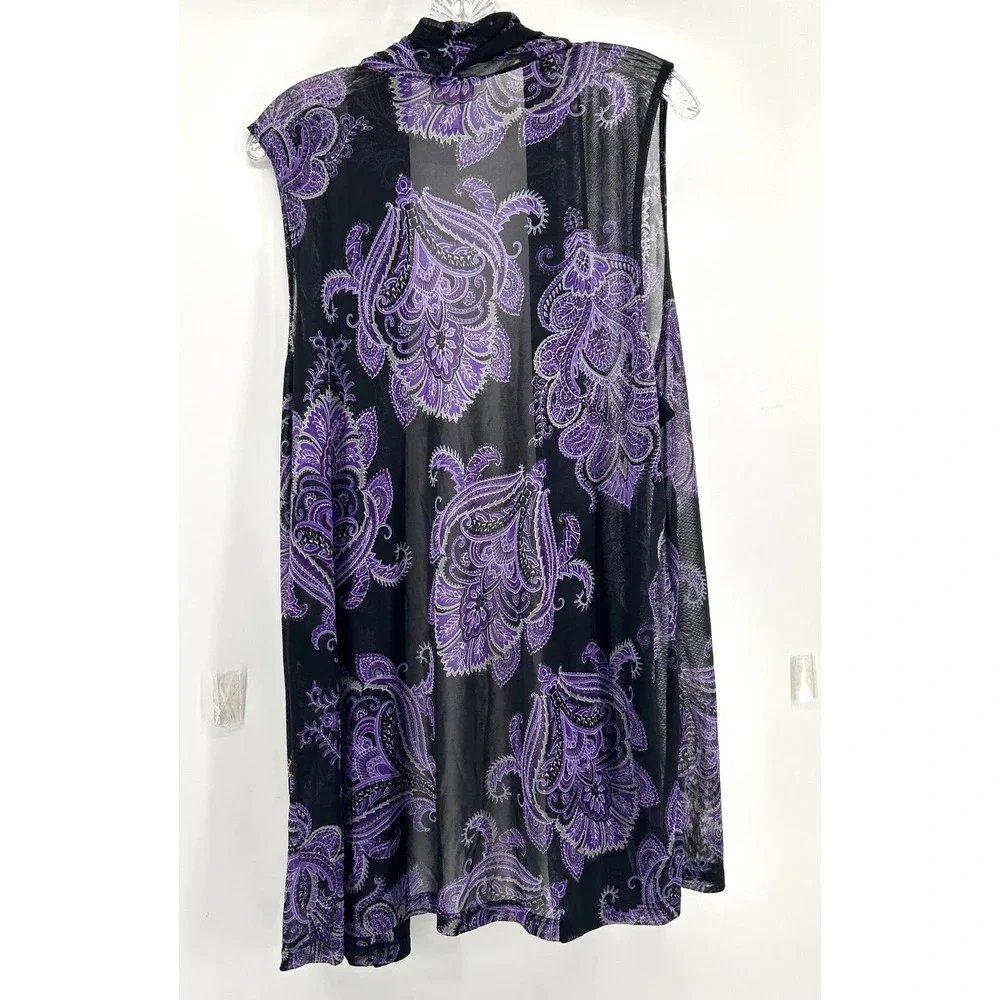 Chicos Travelers Purple Paisley Mesh Vest Sleeveless Cardigan Open Front Size 3
